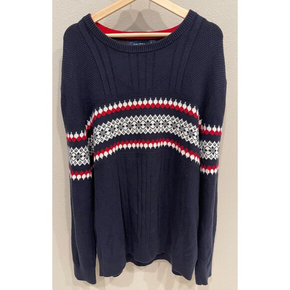 Nautica Men's Crewneck Knit Pullover Sweater Navy Blue XL Wool Blend Fair Isle - Picture 2 of 7